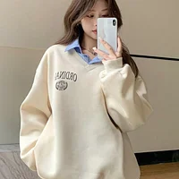 印花落肩長袖休閒拼布羊毛運動衫（秋冬）