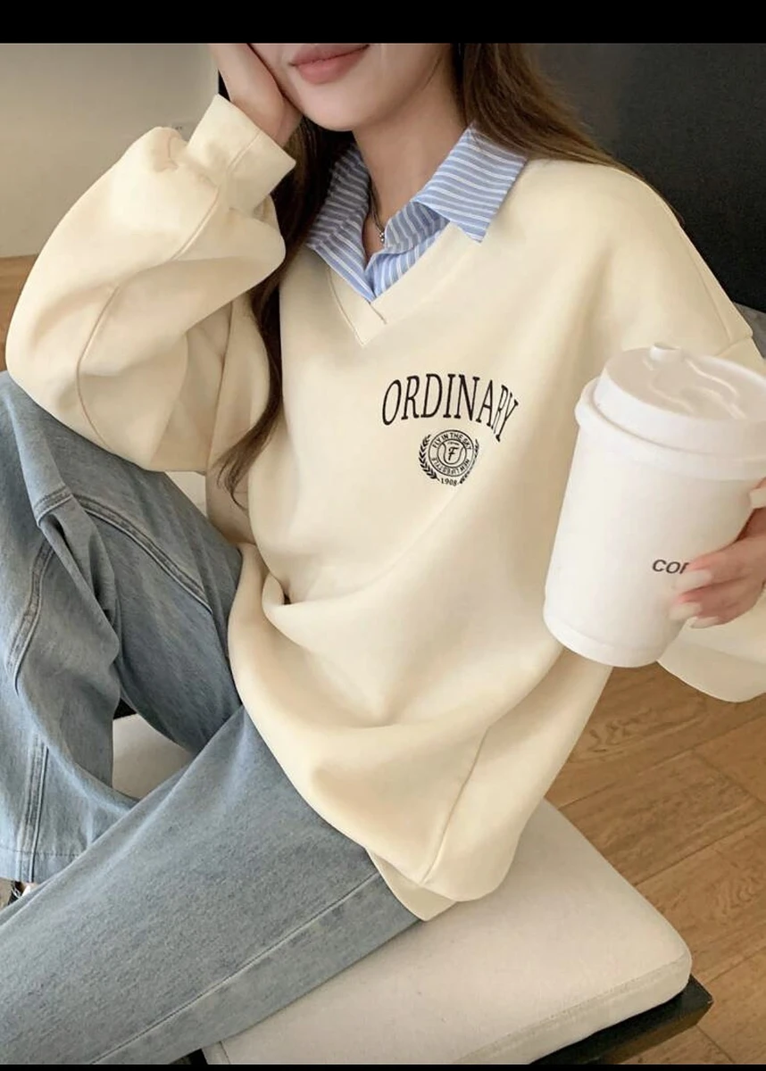 印花落肩長袖休閒拼布羊毛運動衫（秋冬） 圖片 3