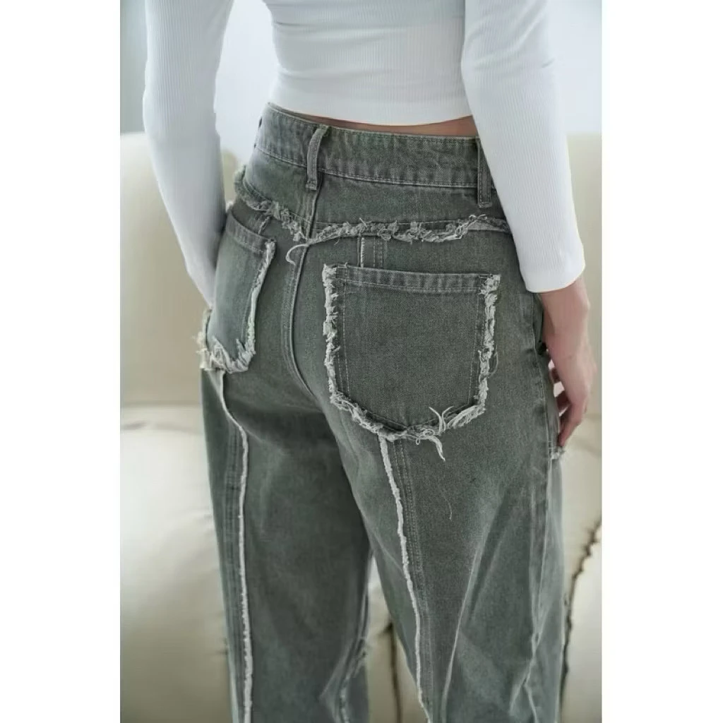 Romanc.elf 設計感毛邊直筒牛仔褲-S號 圖片 5