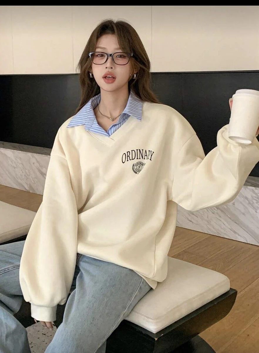 印花落肩長袖休閒拼布羊毛運動衫（秋冬） 圖片 4