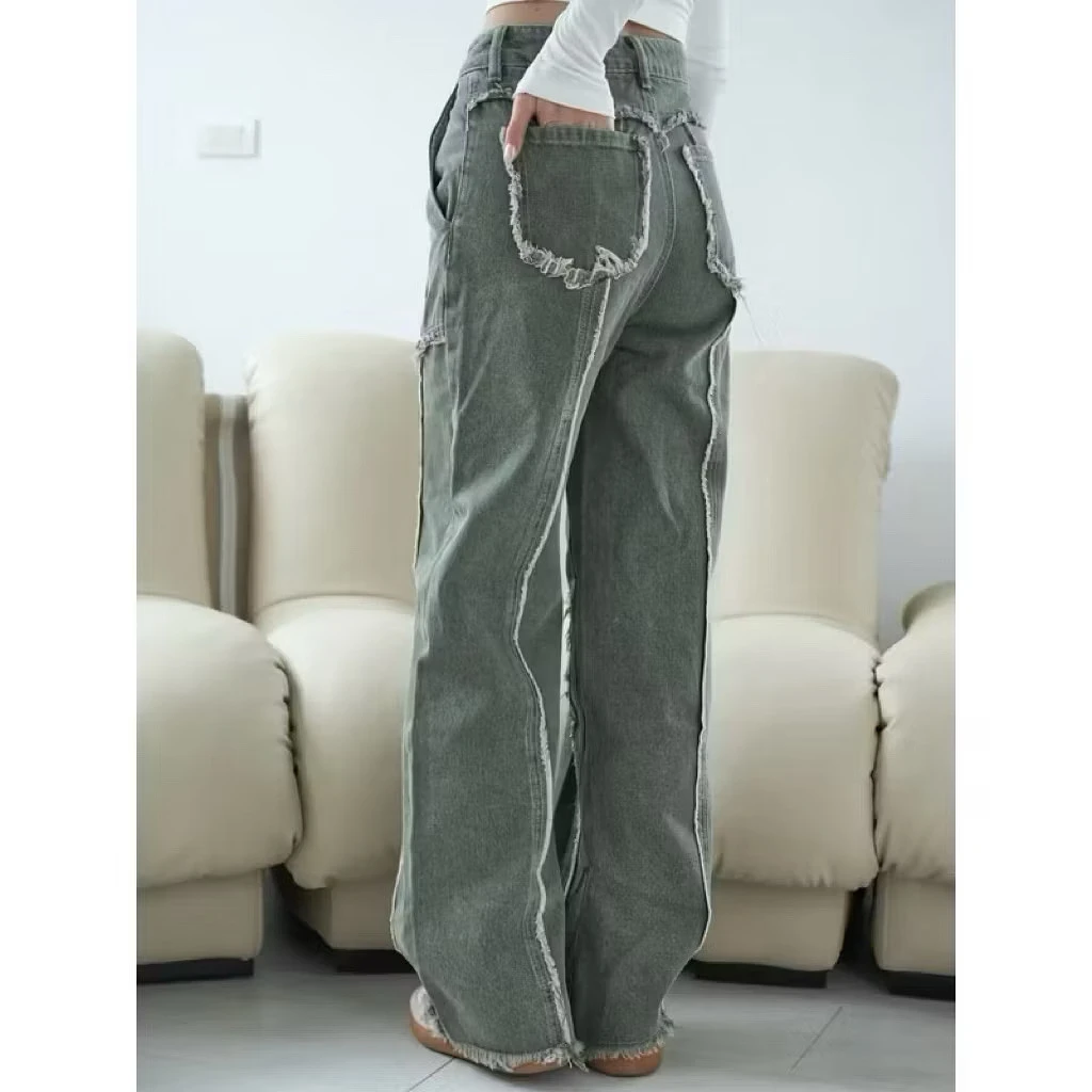 Romanc.elf 設計感毛邊直筒牛仔褲-S號 圖片 3