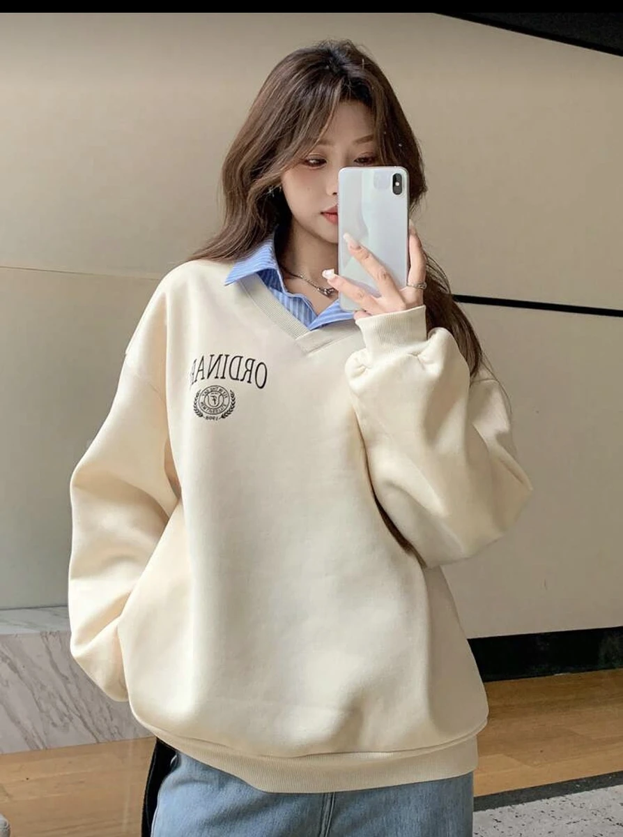 印花落肩長袖休閒拼布羊毛運動衫（秋冬） 商品圖片